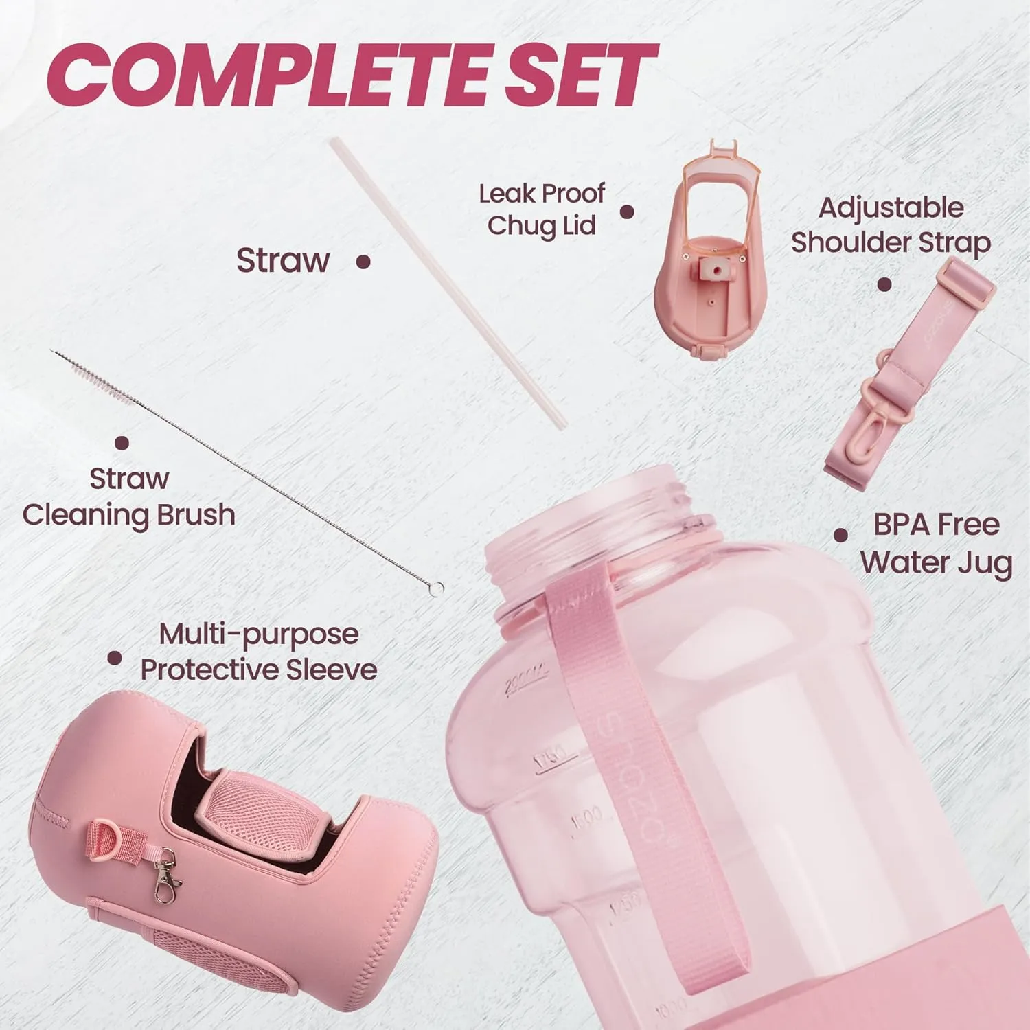 Half Gallon 2.2L Water Bottle With Straw 74oz Large Gym Water Bottle With Storage Sleeve, Bottle Brush, BuiltIn Wallet, Pockets for Phone & AirPod, BPA Free Big Sports Water Jug w/Carry Handle, Pink