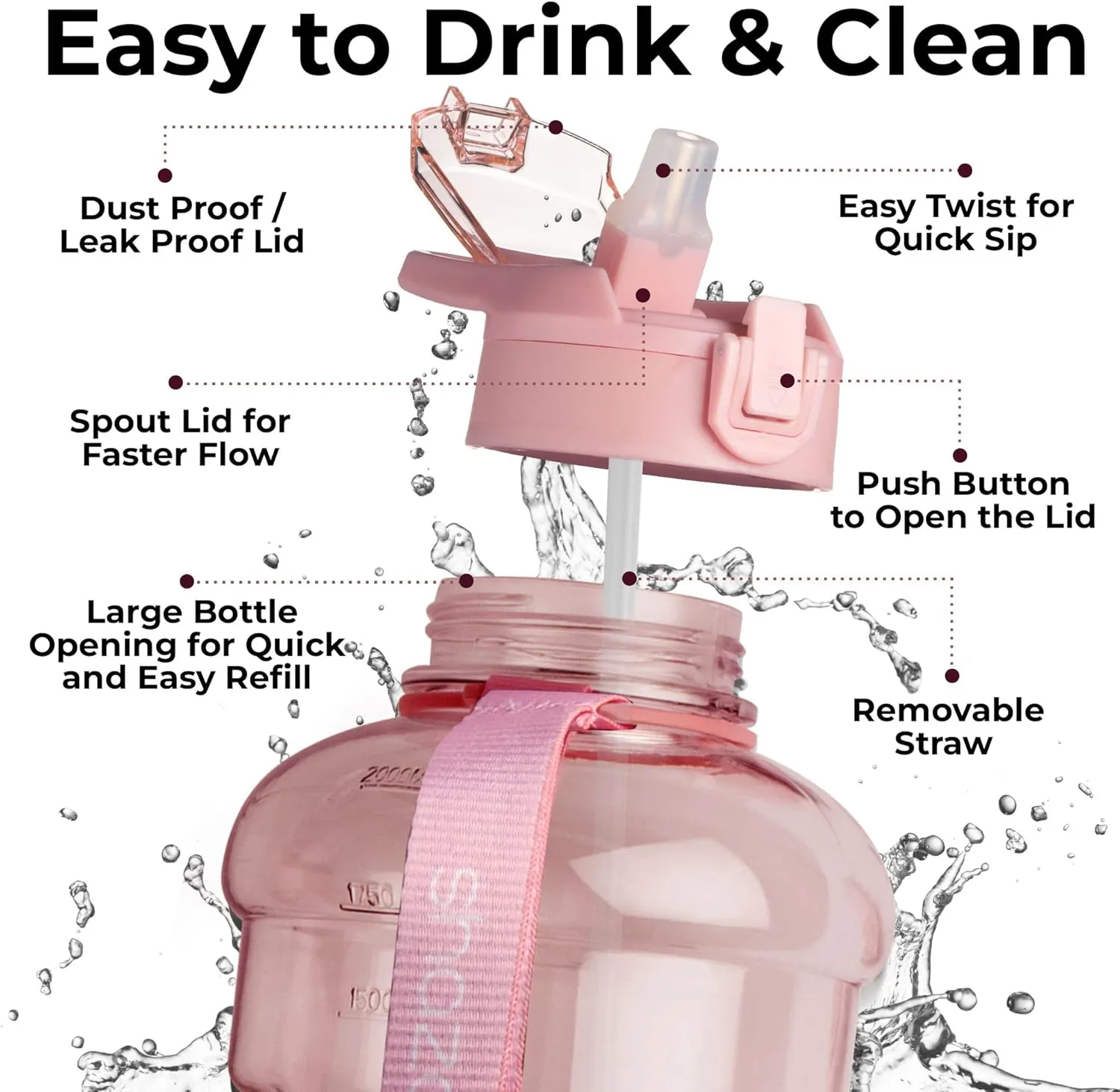 Half Gallon 2.2L Water Bottle With Straw 74oz Large Gym Water Bottle With Storage Sleeve, Bottle Brush, BuiltIn Wallet, Pockets for Phone & AirPod, BPA Free Big Sports Water Jug w/Carry Handle, Pink