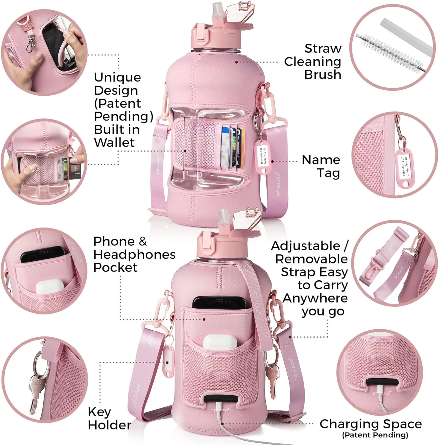 Half Gallon 2.2L Water Bottle With Straw 74oz Large Gym Water Bottle With Storage Sleeve, Bottle Brush, BuiltIn Wallet, Pockets for Phone & AirPod, BPA Free Big Sports Water Jug w/Carry Handle, Pink