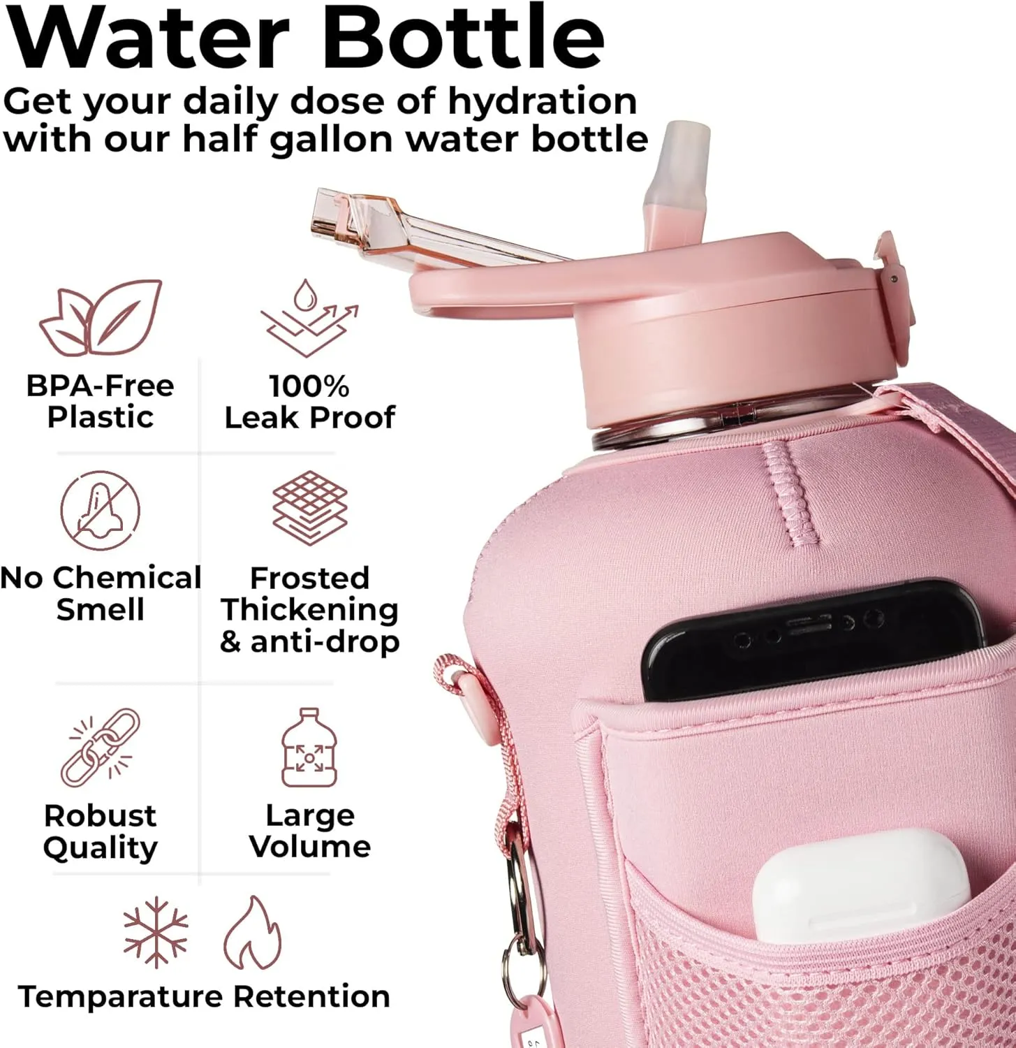 Half Gallon 2.2L Water Bottle With Straw 74oz Large Gym Water Bottle With Storage Sleeve, Bottle Brush, BuiltIn Wallet, Pockets for Phone & AirPod, BPA Free Big Sports Water Jug w/Carry Handle, Pink