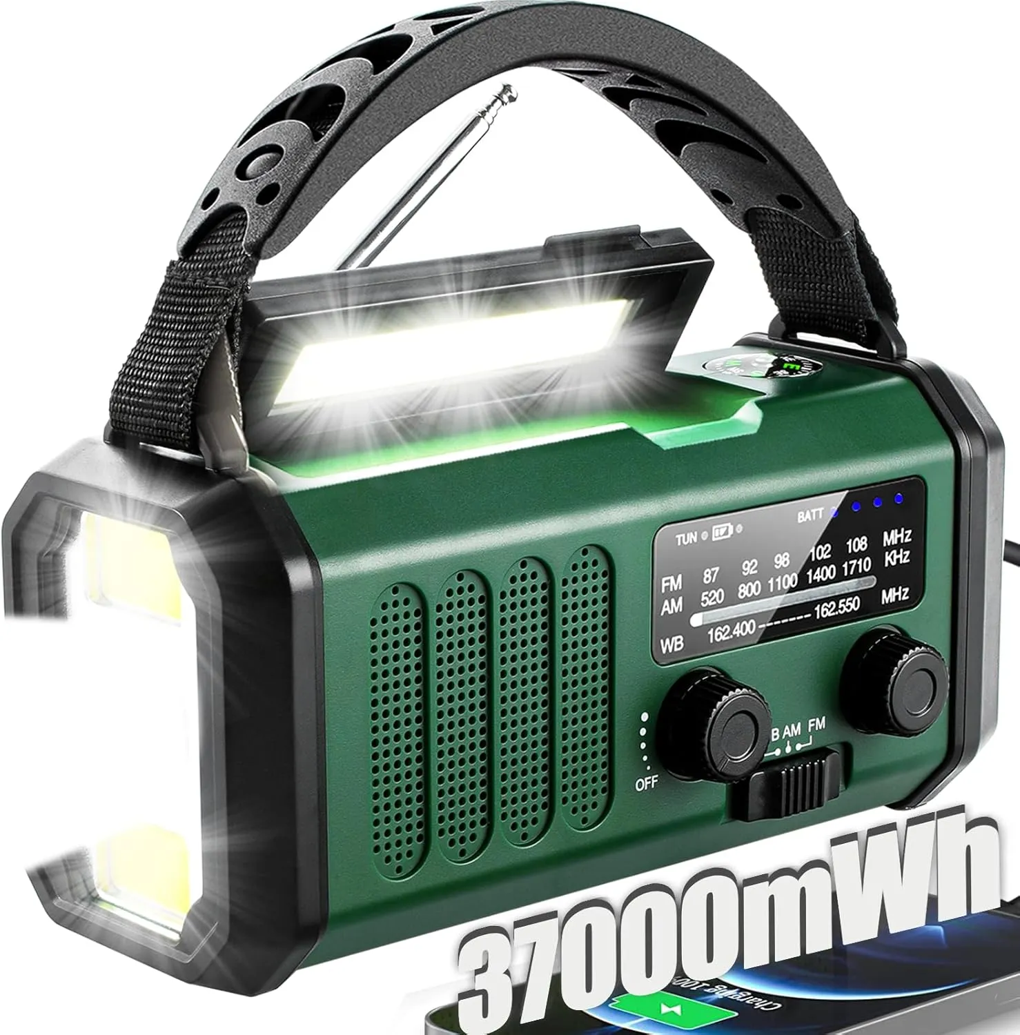 Hand Crank Emergency Radio,37000mWhSolar Powered Hand Crank Portable NOAA AM FM Weather Radio with 3Mode Flashlight and Reading Light,Cell Phone Charger,Home and Emergency Distress Signal