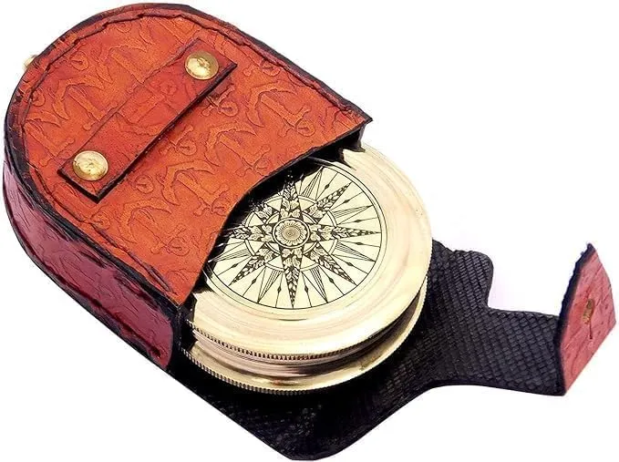 Handcrafted Antique Style Poem Compass Brass Pocket Navigational Tool Chain Compass with Leather Case for Camping & Hiking Use 2.5 "