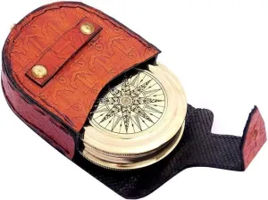 Handcrafted Antique Style Poem Compass Brass Pocket Navigational Tool Chain Compass with Leather Case for Camping & Hiking Use 2.5 "