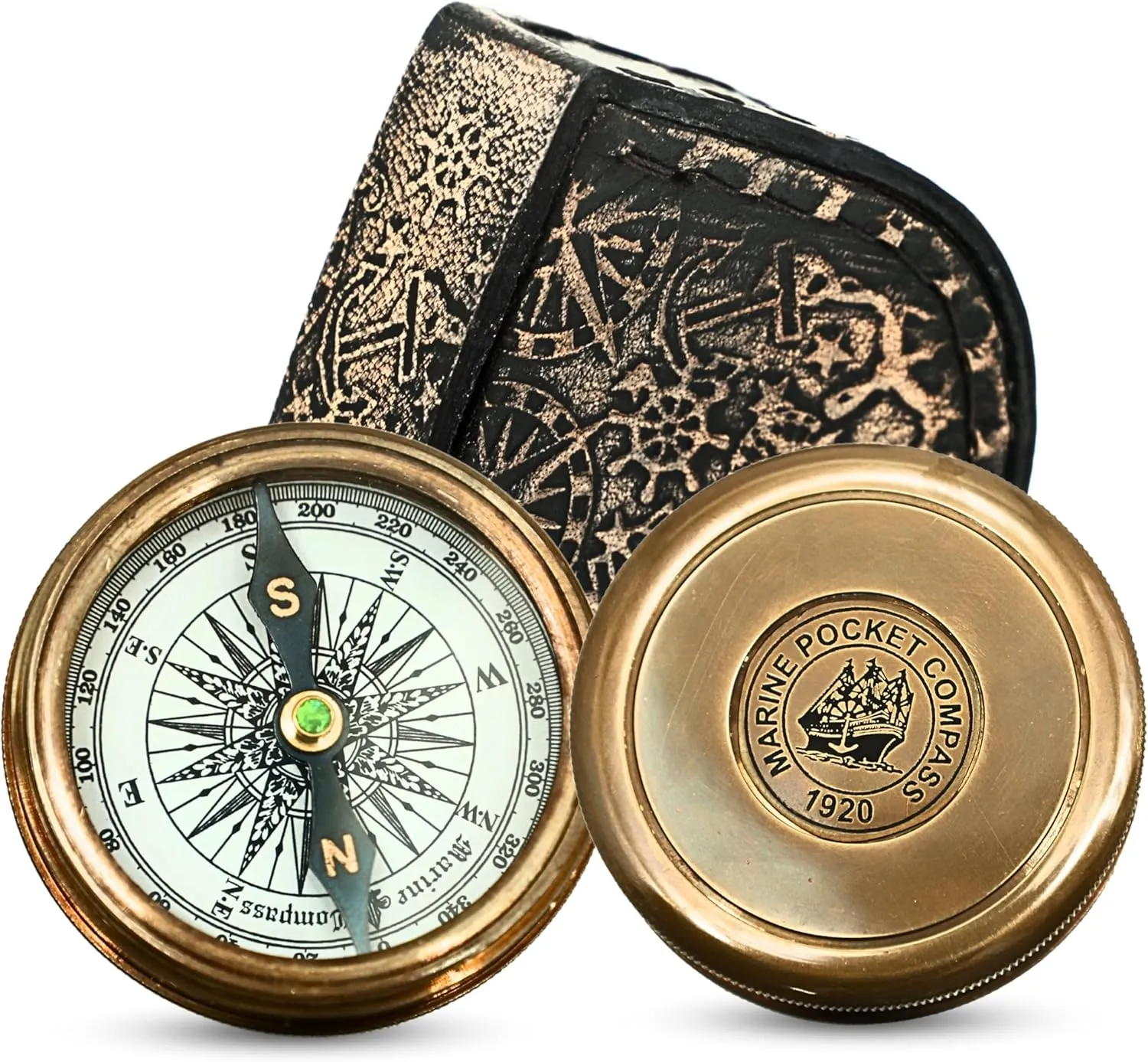 Handcrafted Vintage Marine Compass with Leather Case – 1920 Engraving, Ideal for Outdoor Adventures & Inside The Lid Engraved Quote