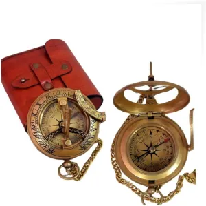 Handheld Brass Sundial Compass with Leather Case Vintage Nautical Navigation Tool for Outdoor Adventures & Collectors