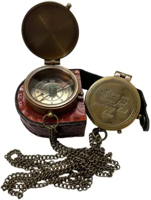 Handmade Nautical Solid Brass Directional Magnetic Compass with Inspirational Message and Leather Case, 2.25 Inch in Diameter