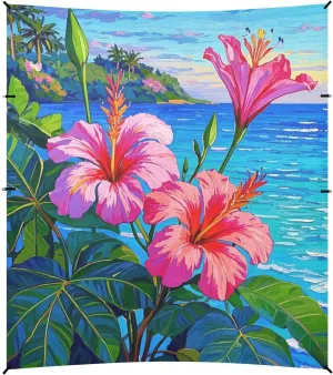Hawaiian Beach Pink Flowers in Summer Foldable Beach Canopy UPF50  Easy Setup Large Portable Sun Shelter with Sand Shovel, Sandbags for Camping, Picnics, Backyard & Fishing