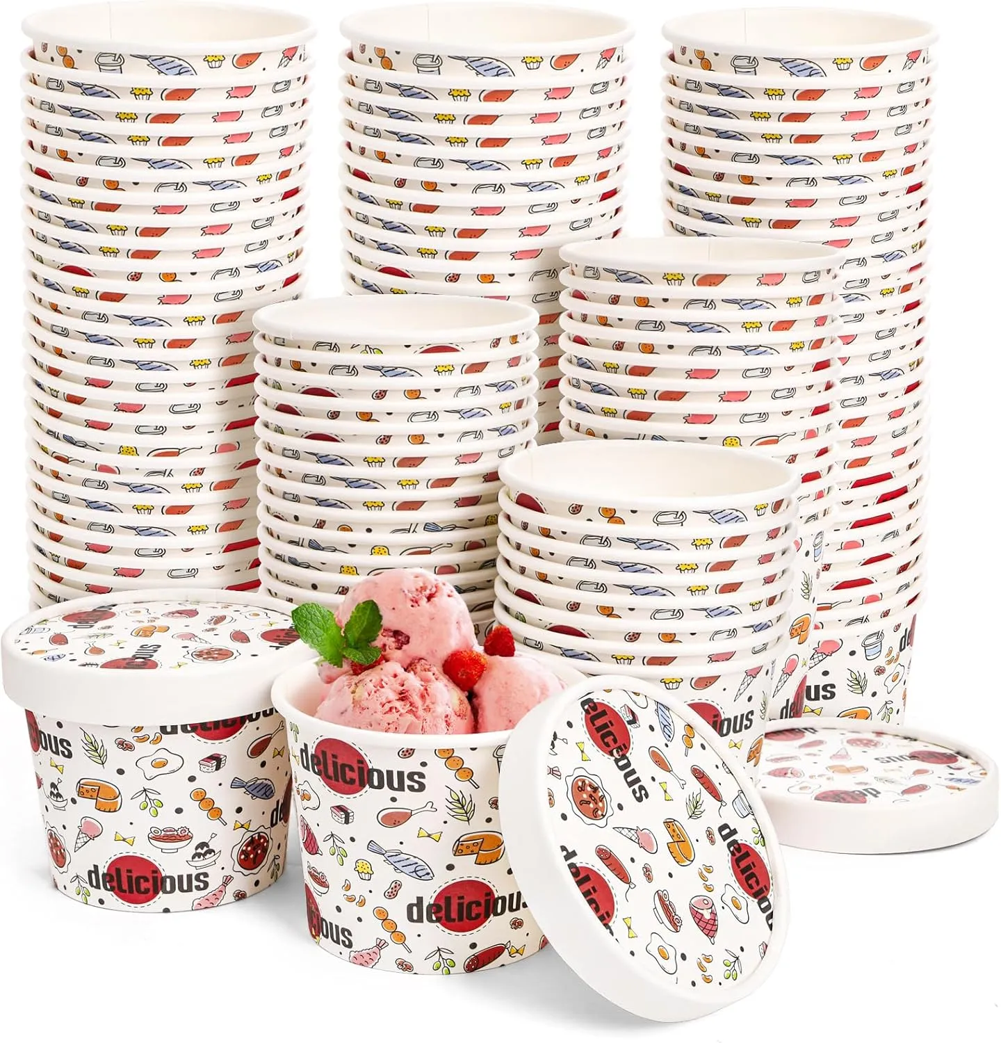 Hedume 100 Pack 8 oz Paper Food Containers with 100 Pack Vented Lids, Disposable Ice Cream Cups, Paper Dessert Bowls for Hot and Cold Food, Soup, Sundae, Frozen Yogurt