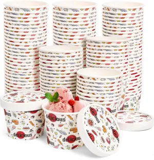 Hedume 100 Pack 8 oz Paper Food Containers with 100 Pack Vented Lids, Disposable Ice Cream Cups, Paper Dessert Bowls for Hot and Cold Food, Soup, Sundae, Frozen Yogurt