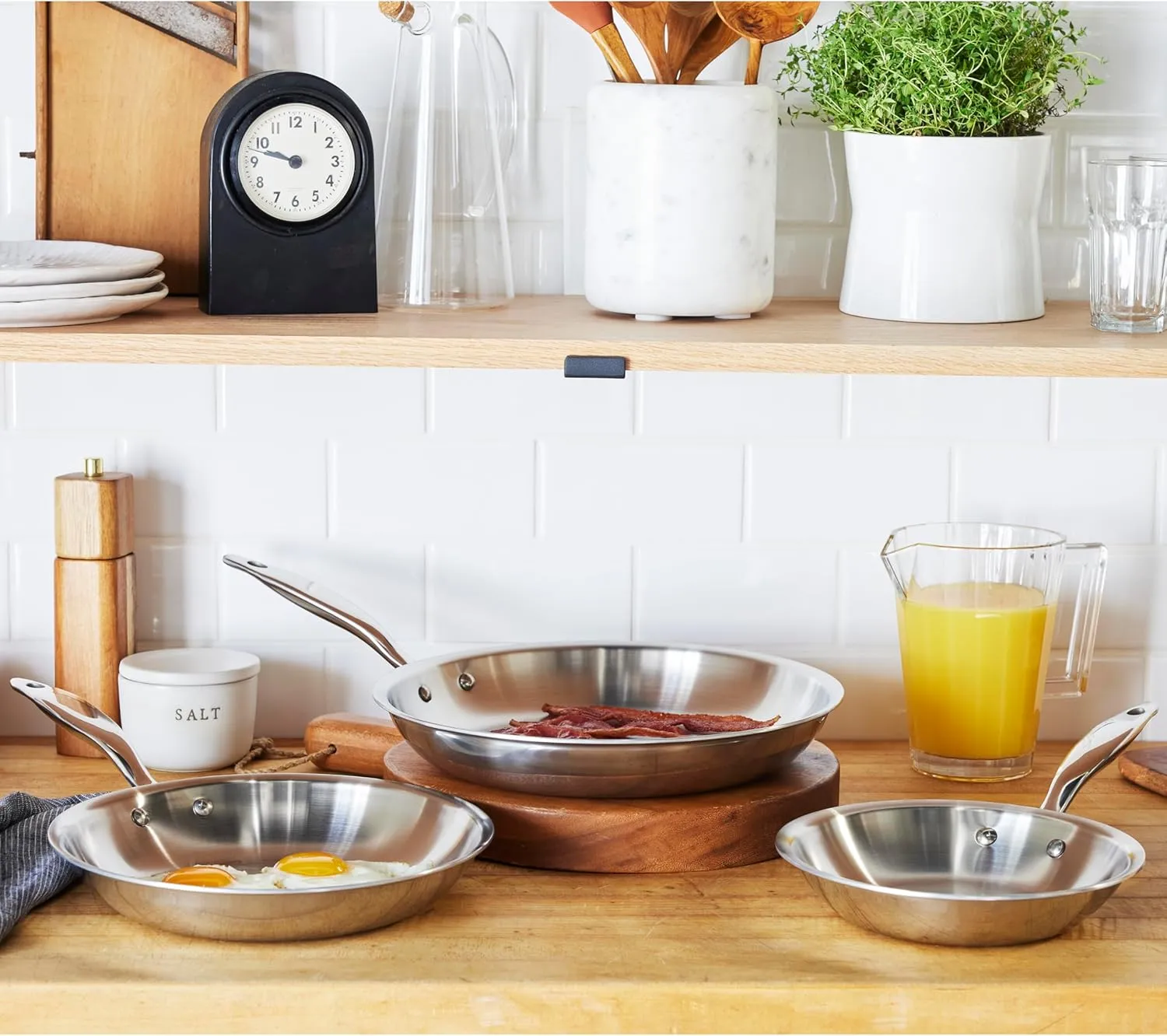 Heritage Steel 3 Piece Fry Pan Set | Made In USA | Titanium Series | 316Ti Skillet with Stay Cool Handle | Fully Clad Stainless Steel Pan with 5-Ply Construction | Induction Ready & Non Toxic