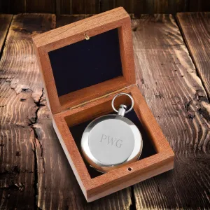 High Polish Silver Keepsake Compass with Wooden Box - Personalized