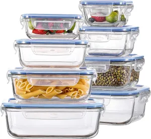 HOMBERKING 8 Pack Glass Food Storage Containers with Lids, Meal Prep Containers, Airtight Bento Boxes with Leak Proof Locking for Microwave, Oven, Freezer and Dishwasher, BPA Free, 5-35oz, Deep blue