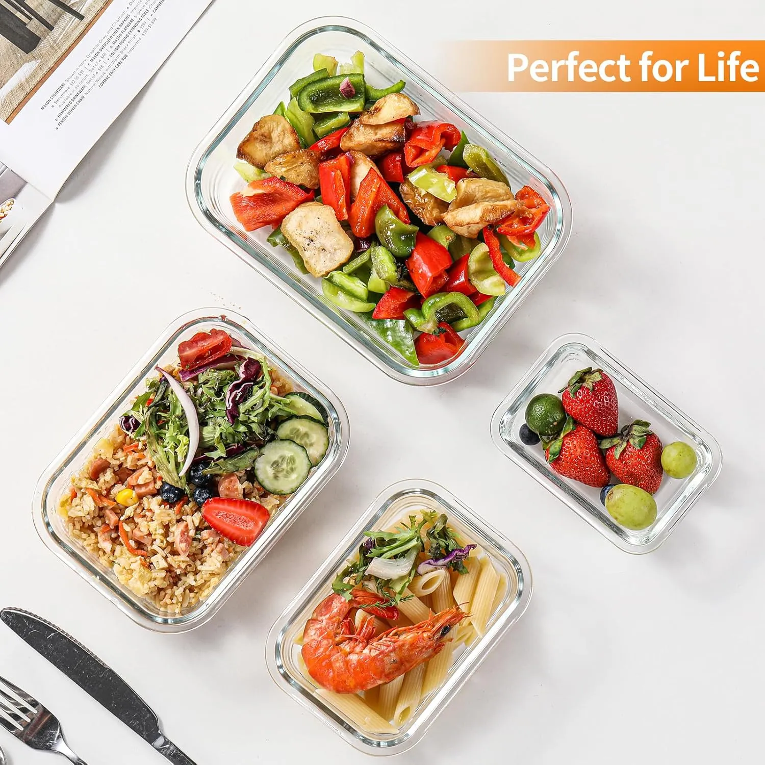 HOMBERKING 8 Pack Glass Food Storage Containers with Lids, Meal Prep Containers, Airtight Bento Boxes with Leak Proof Locking for Microwave, Oven, Freezer and Dishwasher, BPA Free, 5-35oz, Deep blue