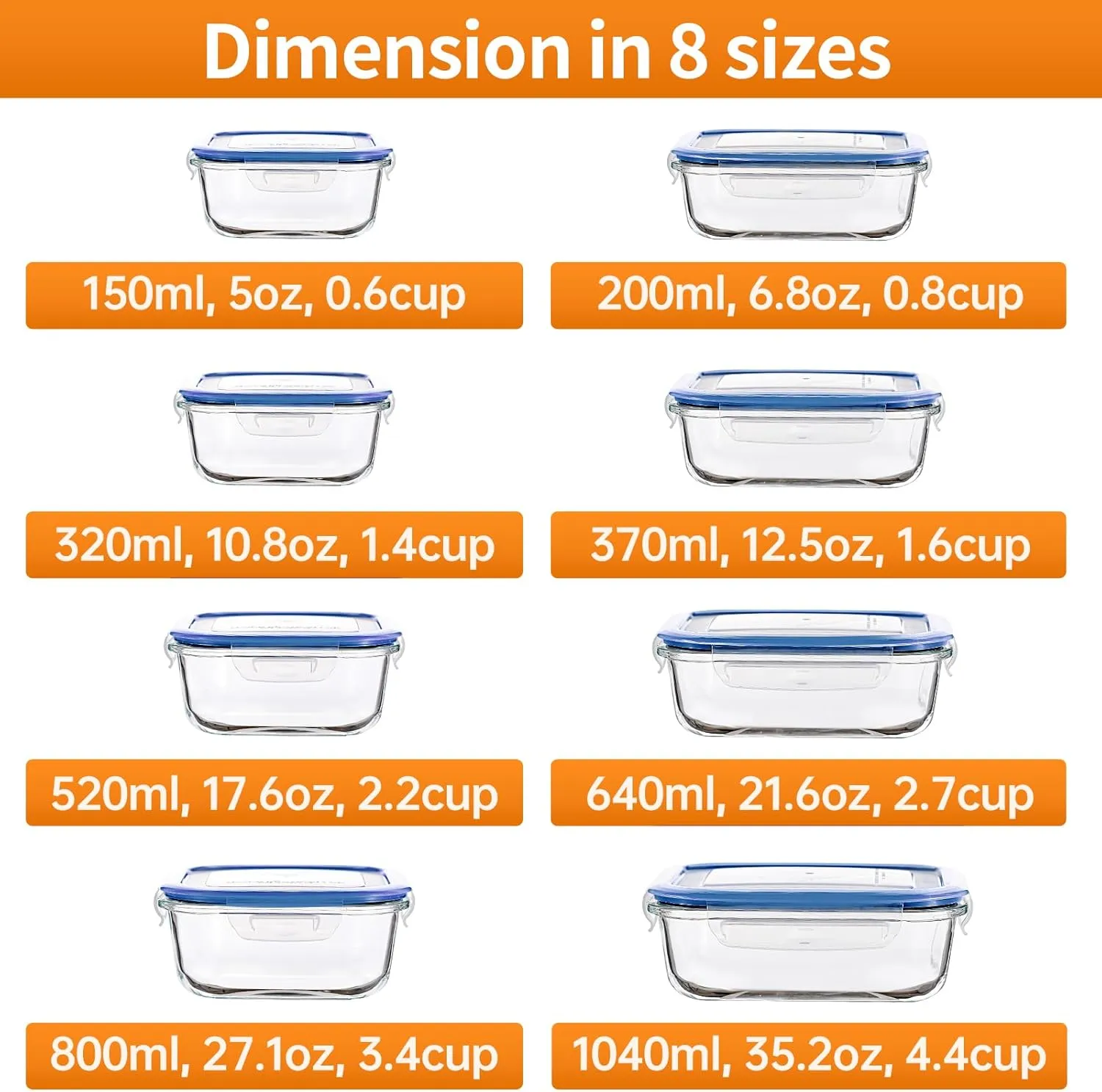 HOMBERKING 8 Pack Glass Food Storage Containers with Lids, Meal Prep Containers, Airtight Bento Boxes with Leak Proof Locking for Microwave, Oven, Freezer and Dishwasher, BPA Free, 5-35oz, Deep blue