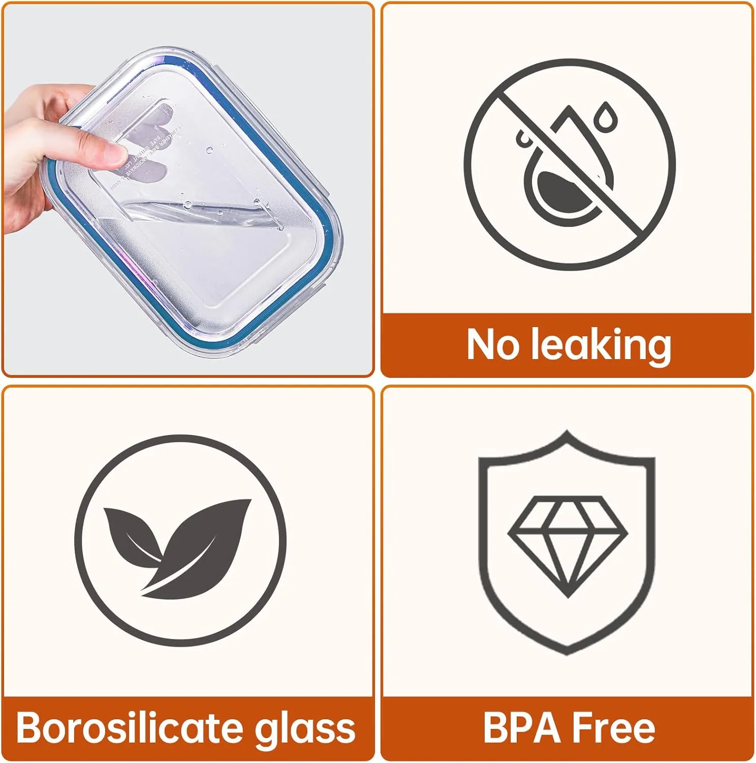 HOMBERKING 8 Pack Glass Food Storage Containers with Lids, Meal Prep Containers, Airtight Bento Boxes with Leak Proof Locking for Microwave, Oven, Freezer and Dishwasher, BPA Free, 5-35oz, Deep blue