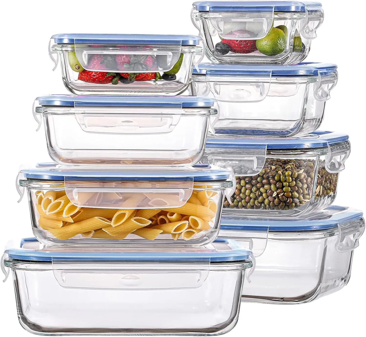 HOMBERKING 8 Pack Glass Food Storage Containers with Lids, Meal Prep Containers, Airtight Bento Boxes with Leak Proof Locking for Microwave, Oven, Freezer and Dishwasher, BPA Free, 5-35oz, Deep blue
