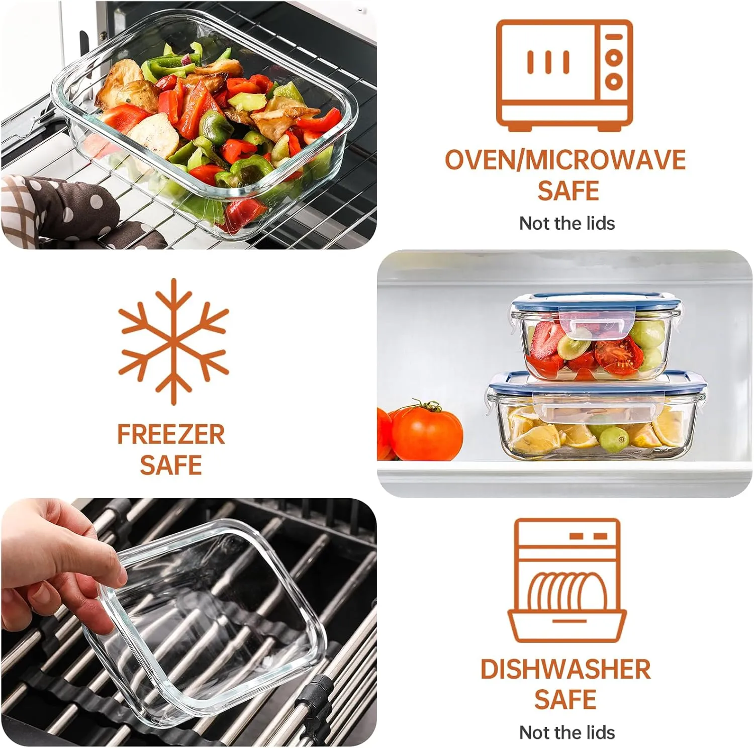 HOMBERKING 8 Pack Glass Food Storage Containers with Lids, Meal Prep Containers, Airtight Bento Boxes with Leak Proof Locking for Microwave, Oven, Freezer and Dishwasher, BPA Free, 5-35oz, Deep blue