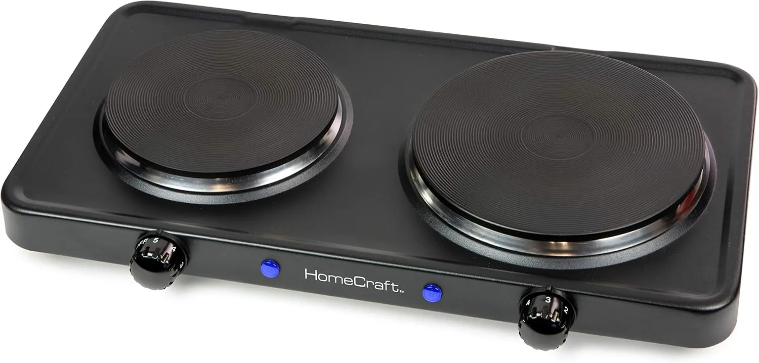 HomeCraft HCDB15BK Portable Countertop Double Burner Hot Plate Electric Cooktop, 1500-Watts, Adjustable Temperature Control