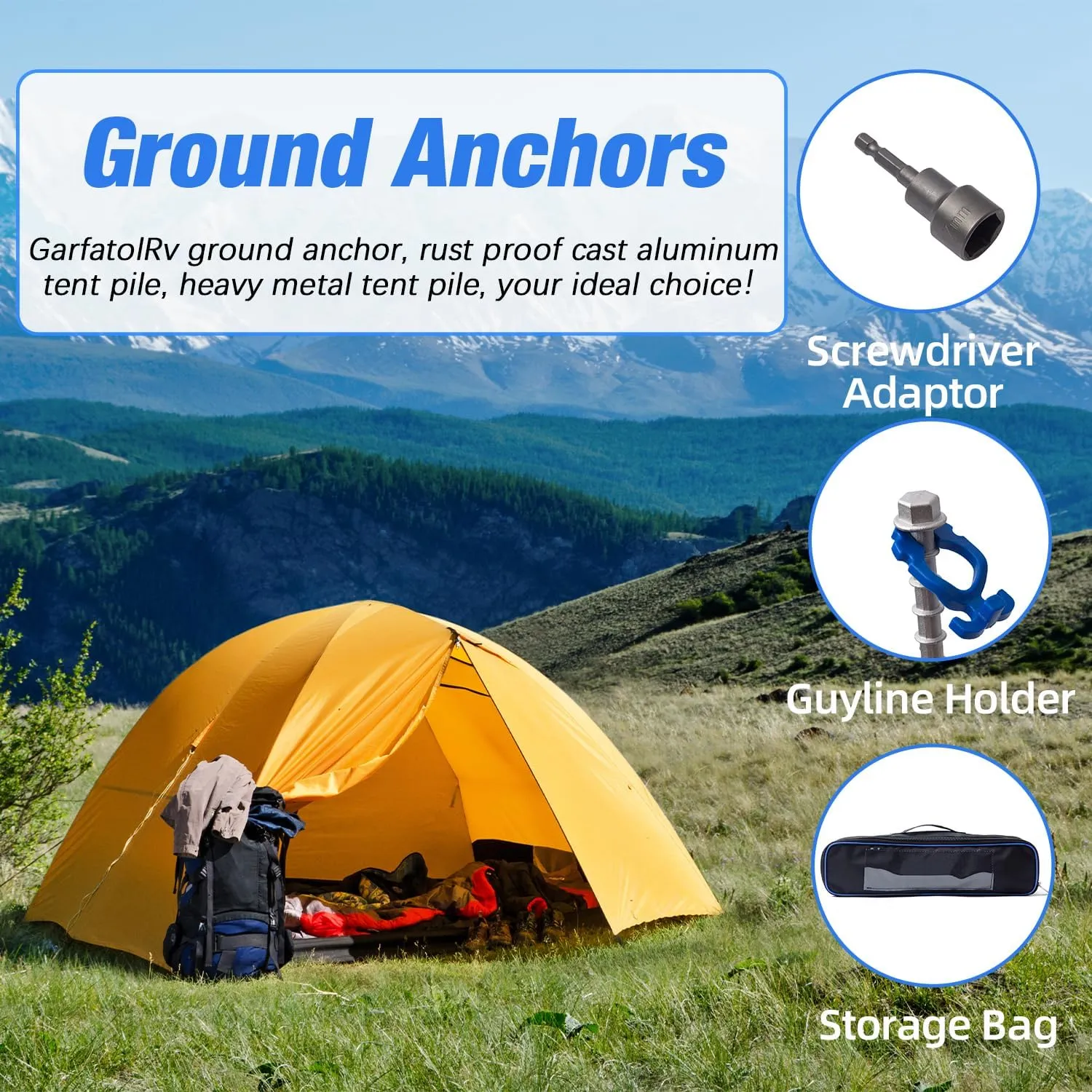 ‎Homeon Wheels Camping Ground Anchors Aluminum Screw Heavy Duty Metal Non-Rust Cast Tent Anchors in Kit for Securing Animals,Tents, Canopies, Sheds, Car Ports, Swing Sets Outdoors Beach（Blue）