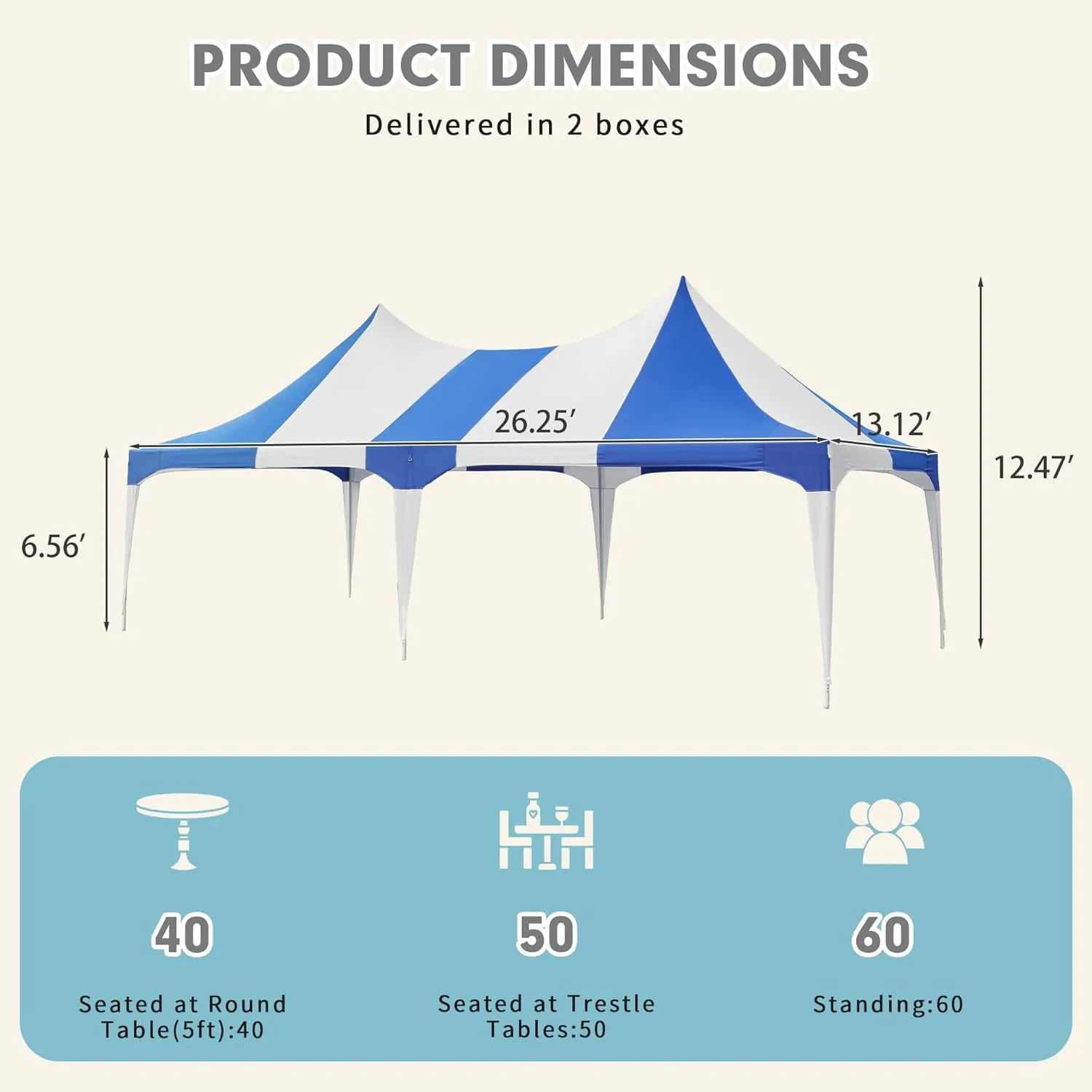 HOMREST 26x13 Party Tent Heavy Duty Wedding Tent Double Peaked Canopy Tent With Pole Less Event Space Tent For Party Event White Blue