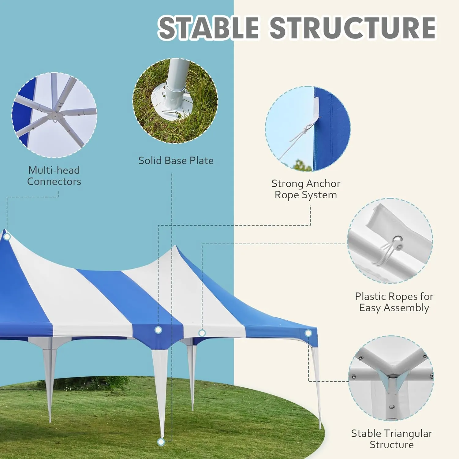 HOMREST 26x13 Party Tent Heavy Duty Wedding Tent Double Peaked Canopy Tent With Pole Less Event Space Tent For Party Event White Blue