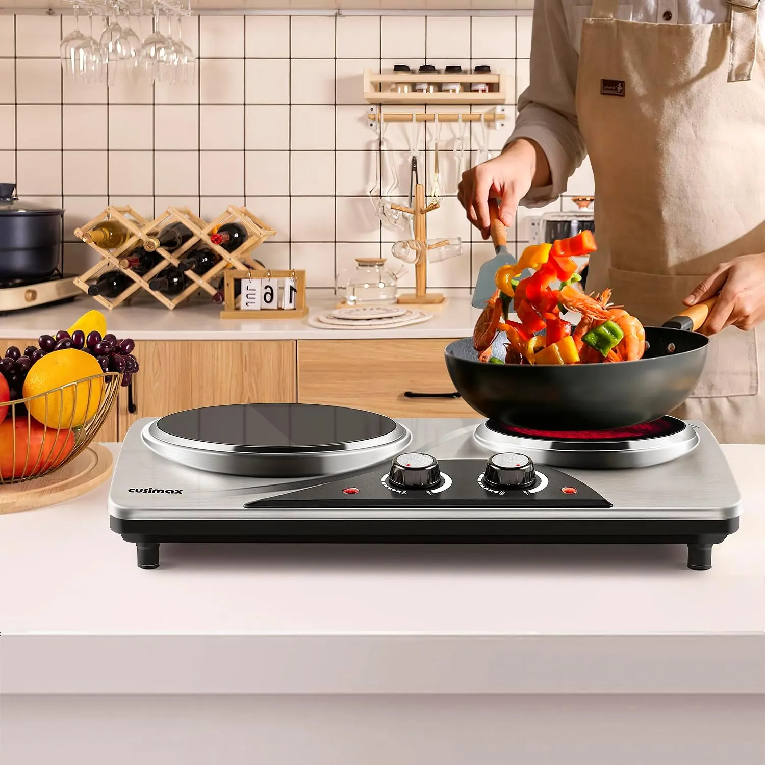 Hot Plate, CUSIMAX Electric Double Burner, Portable Ceramic Infrared Cooktop, Dual Control Cooking Stove, Heat-Up in Seconds, Compatible for All Cookwares, Silver