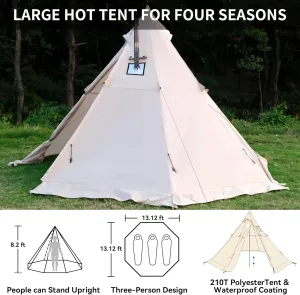 Hot Tent with Stove Jack, 4 Season 3-4 Person Tipi Tent with Inner Tent for Camping, 8.2ft Standing Room with Snow Skirt, Cold Weather Shelter