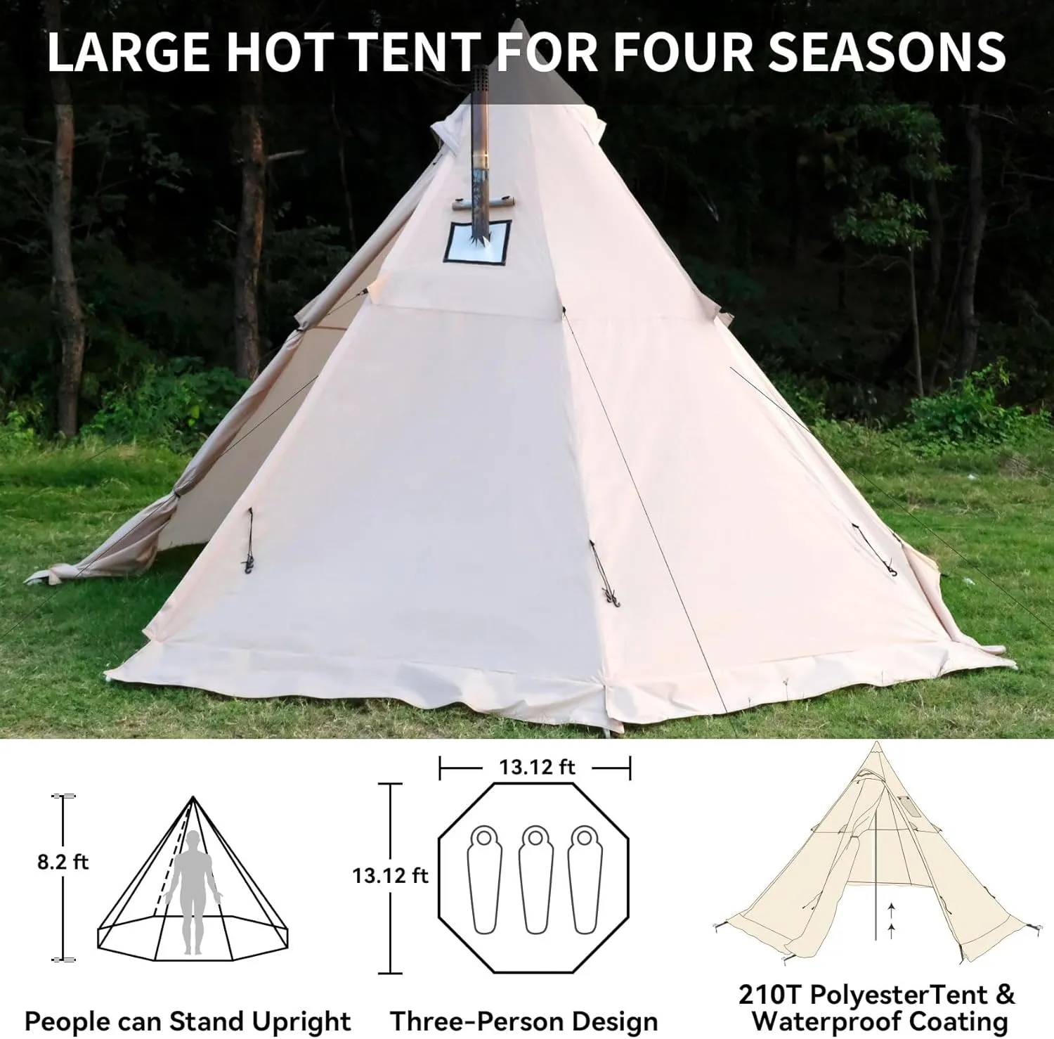Hot Tent with Stove Jack, 4 Season 3-4 Person Tipi Tent with Inner Tent for Camping, 8.2ft Standing Room with Snow Skirt, Cold Weather Shelter