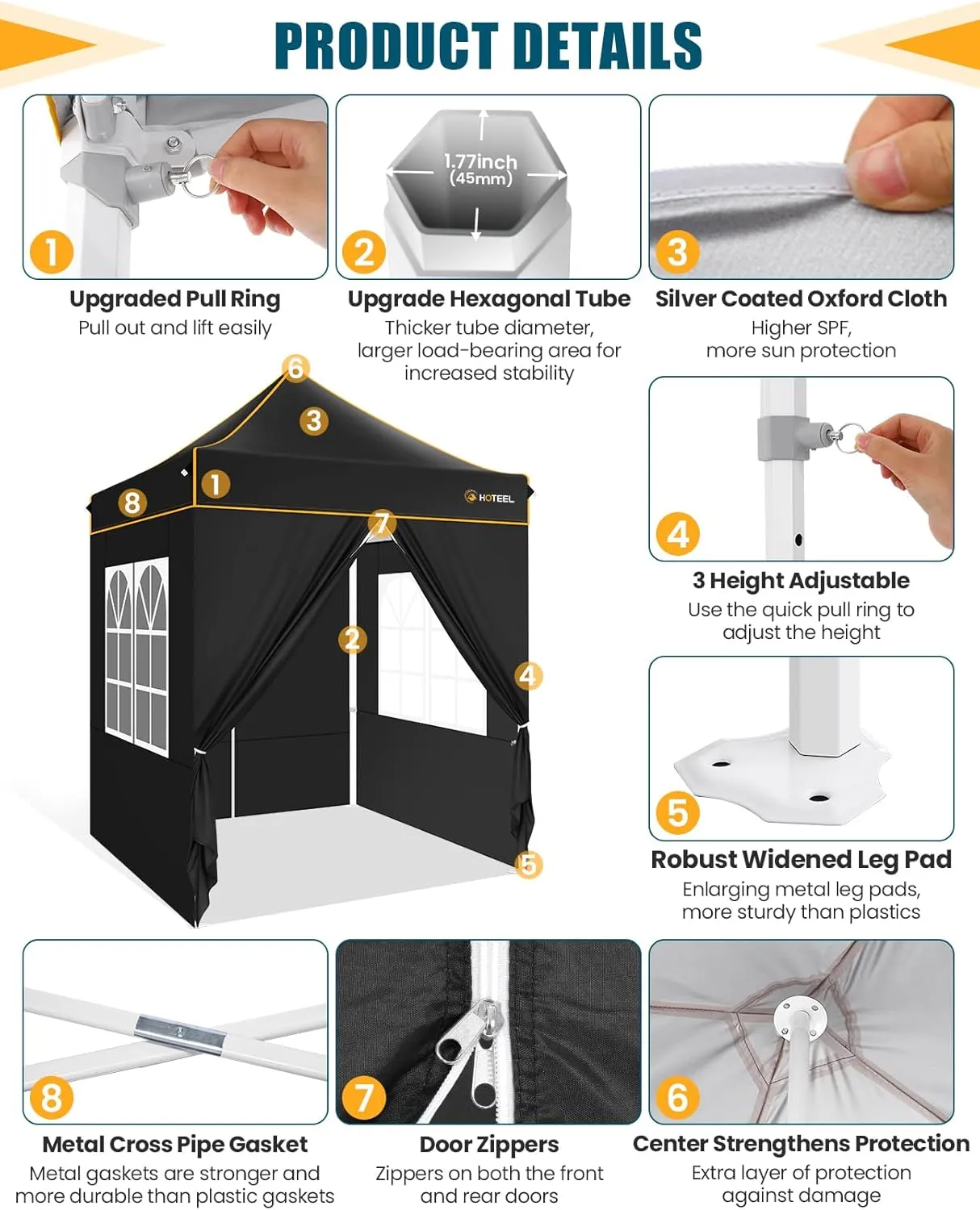 HOTEEL 6.6x6.6 Heavy Duty Pop Up Canopy Tent for Parties Event Wedding Commercial Instant Canopy with Carry Bag, Party Tent Waterproof UV 50 , Upgraded Thick Hexagonal Legs,Black