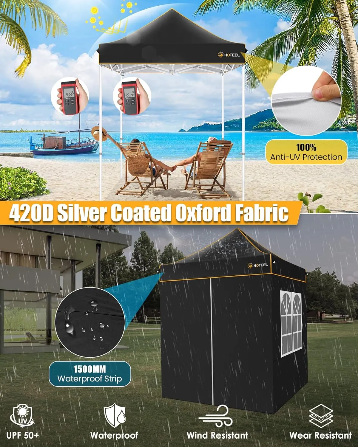 HOTEEL 6.6x6.6 Heavy Duty Pop Up Canopy Tent for Parties Event Wedding Commercial Instant Canopy with Carry Bag, Party Tent Waterproof UV 50 , Upgraded Thick Hexagonal Legs,Black