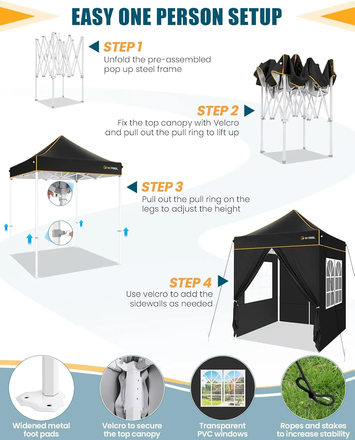 HOTEEL 6.6x6.6 Heavy Duty Pop Up Canopy Tent for Parties Event Wedding Commercial Instant Canopy with Carry Bag, Party Tent Waterproof UV 50 , Upgraded Thick Hexagonal Legs,Black