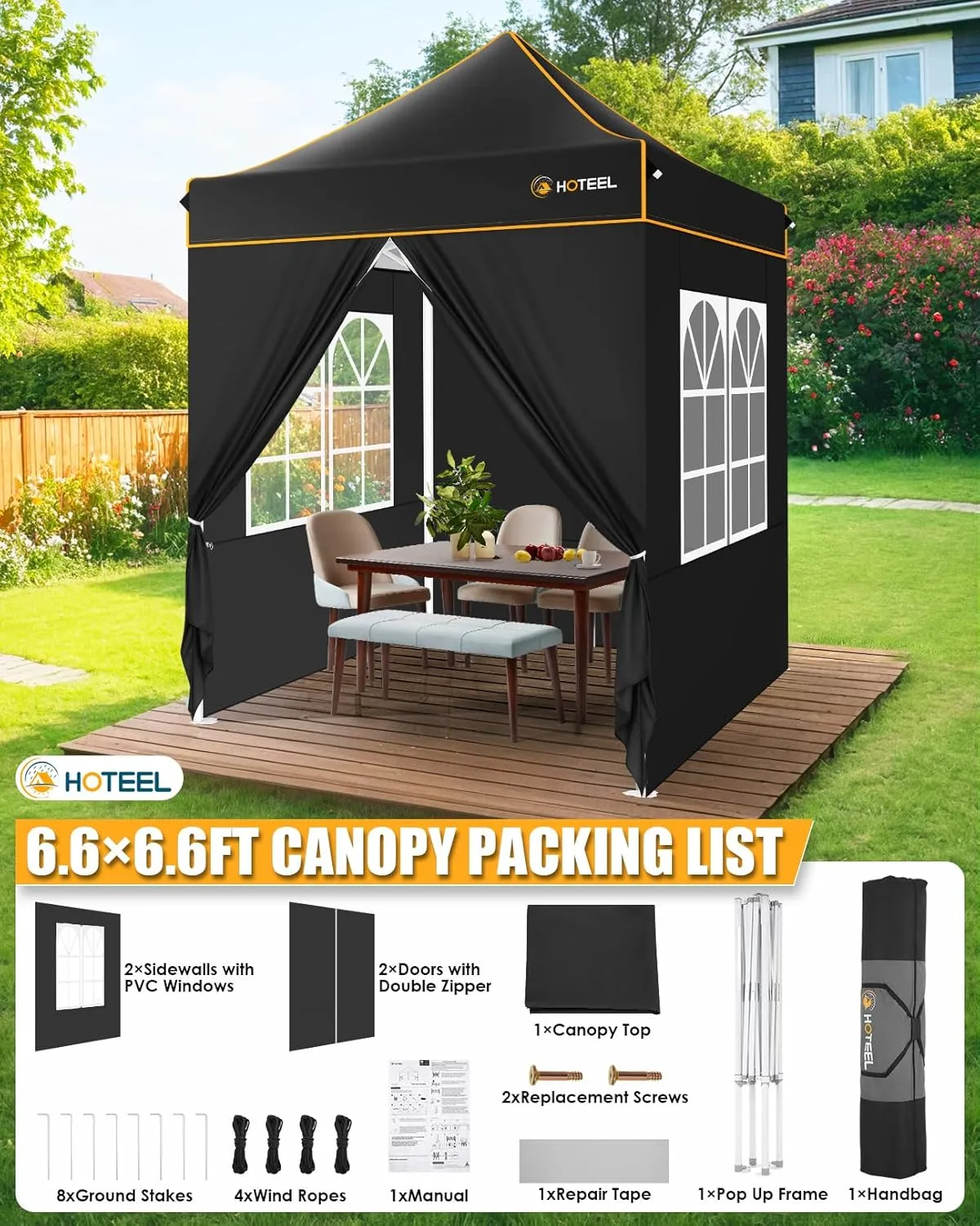 HOTEEL 6.6x6.6 Heavy Duty Pop Up Canopy Tent for Parties Event Wedding Commercial Instant Canopy with Carry Bag, Party Tent Waterproof UV 50 , Upgraded Thick Hexagonal Legs,Black