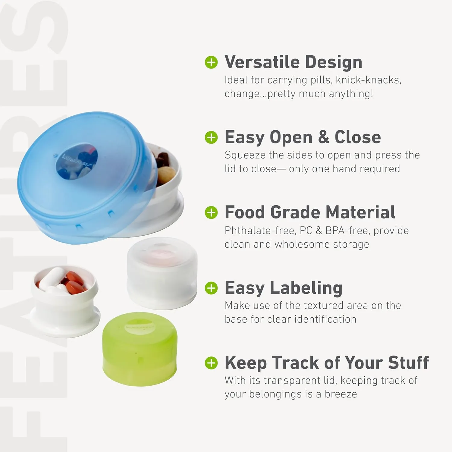 humangear GoTubb | Hard Container | Easy Open | Food-Safe Material, Clear/Green/Blue, Small