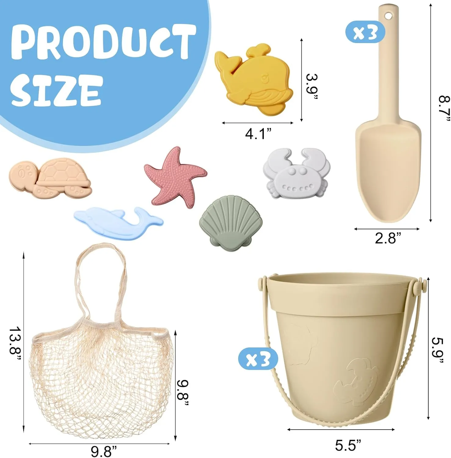 Hungdao 13 Pcs Silicone Beach Toys Travel Beach Set Sand Toys Including 3 Silicone Buckets 3 Shovels 6 Sea Creature Sand Molds 1 Bag for Kids Boys Girls Summer Pool Outdoor Bath(Pink White Yellow)