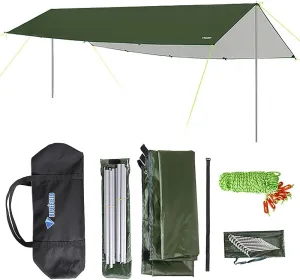 HXBER 3x6m Awning Waterproof Tarp Tent Shade with Pole Folding Camping Canopy Ultralight Beach Sun Shelter for Camping Hiking and Survival Shelter