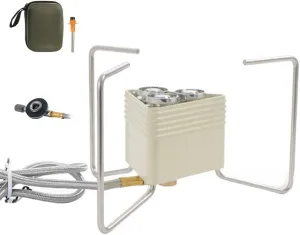 HXBER 8000W High Power Windproof Furnace Outdoor Camping Metal Stoves Portable Picnic Barbecue Furnace Foldable Stoves with Storage Bag Water Boiling Cooking Accessory, Beige