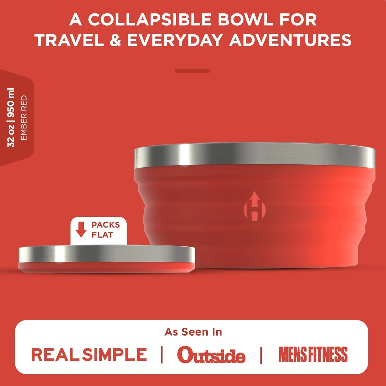 HYDAWAY Collapsible Bowl - 1 Quart (950ml) I Large Collapsible Bowls for Camping, RV, Hiking, Backpacking, Travel, Kids & Pets, Portable Dog Water Bowl, Silicone Bowls Collapse to 1-inch, Steel Rim