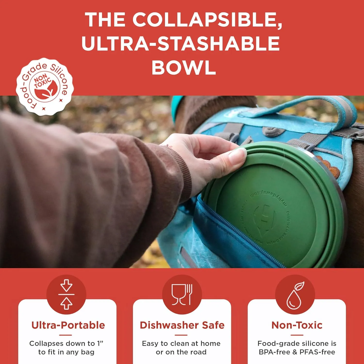 HYDAWAY Collapsible Bowl - 1 Quart (950ml) I Large Collapsible Bowls for Camping, RV, Hiking, Backpacking, Travel, Kids & Pets, Portable Dog Water Bowl, Silicone Bowls Collapse to 1-inch, Steel Rim