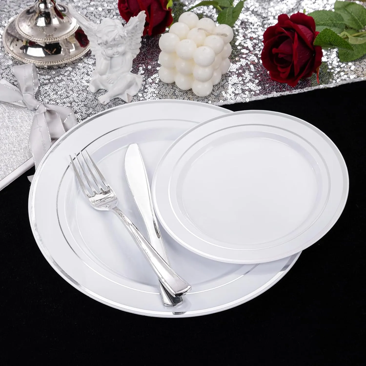 I00000 200 Pcs Silver Plastic Plates - Silver Disposable Party Plates Include 100 Dinner Plate and 100 Elegant Dessert Plate Perfect for Party, Holiday, Wedding & Birthday