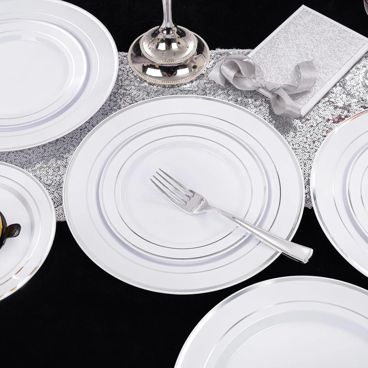I00000 200 Pcs Silver Plastic Plates - Silver Disposable Party Plates Include 100 Dinner Plate and 100 Elegant Dessert Plate Perfect for Party, Holiday, Wedding & Birthday