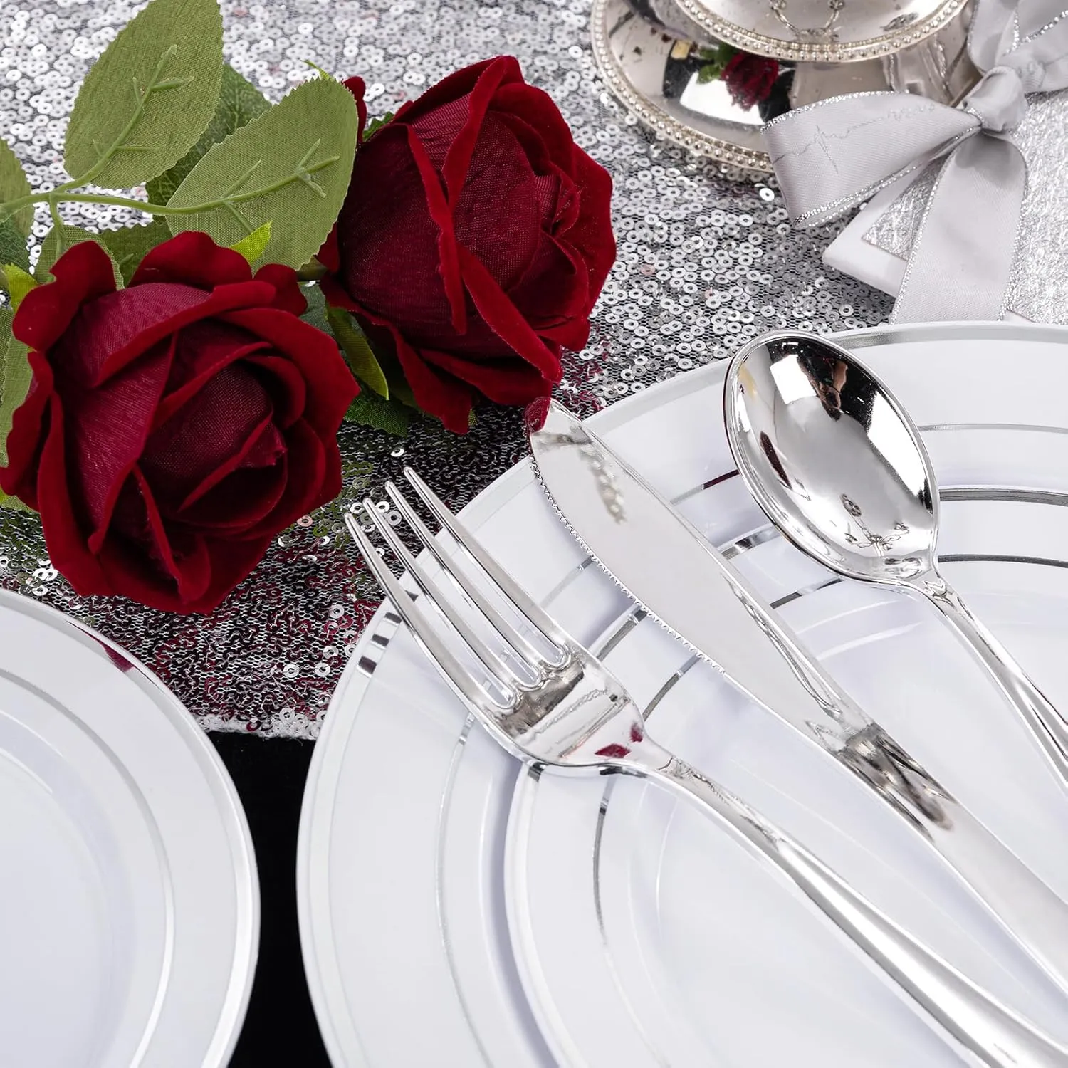 I00000 200 Pcs Silver Plastic Plates - Silver Disposable Party Plates Include 100 Dinner Plate and 100 Elegant Dessert Plate Perfect for Party, Holiday, Wedding & Birthday