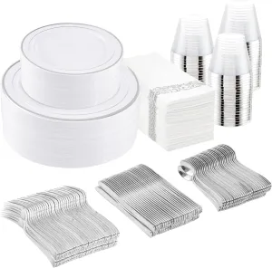 I00000 350Pcs Silver Plastic Dinnerware Set, Plastic Plates Disposable for 50 Guests Include: 100 Silver Rim Plates, 50 Paper Napkins, 50 Cups, 50 Plastic Silverware Set Perfect for Party & Wedding
