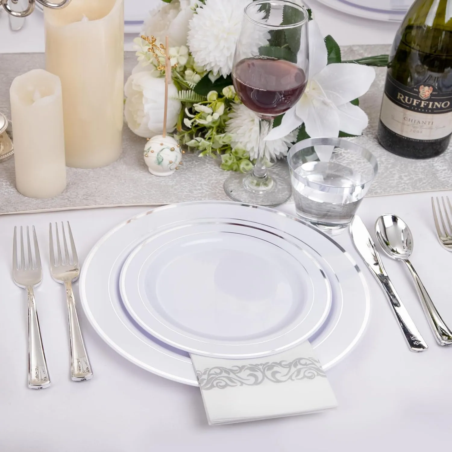 I00000 350Pcs Silver Plastic Dinnerware Set, Plastic Plates Disposable for 50 Guests Include: 100 Silver Rim Plates, 50 Paper Napkins, 50 Cups, 50 Plastic Silverware Set Perfect for Party & Wedding