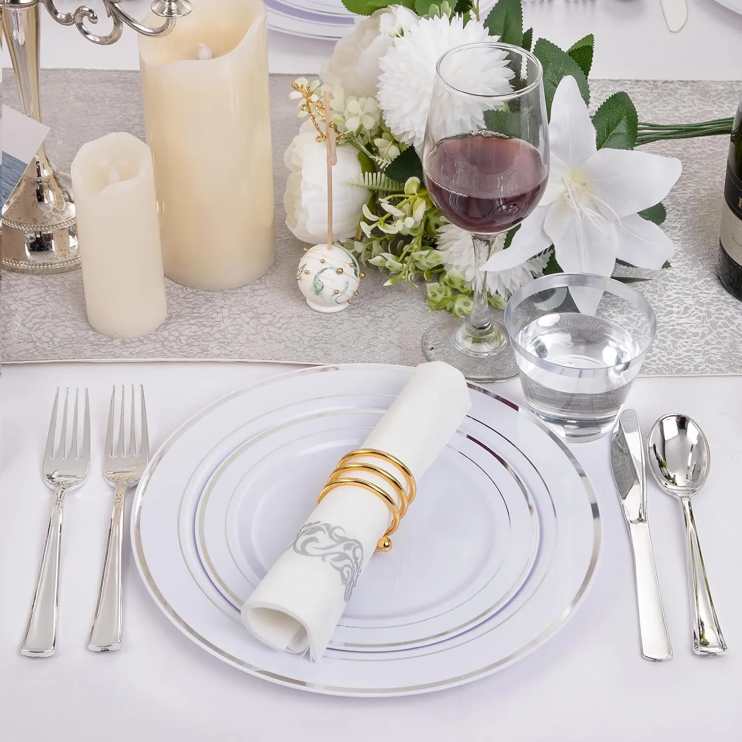 I00000 350Pcs Silver Plastic Dinnerware Set, Plastic Plates Disposable for 50 Guests Include: 100 Silver Rim Plates, 50 Paper Napkins, 50 Cups, 50 Plastic Silverware Set Perfect for Party & Wedding