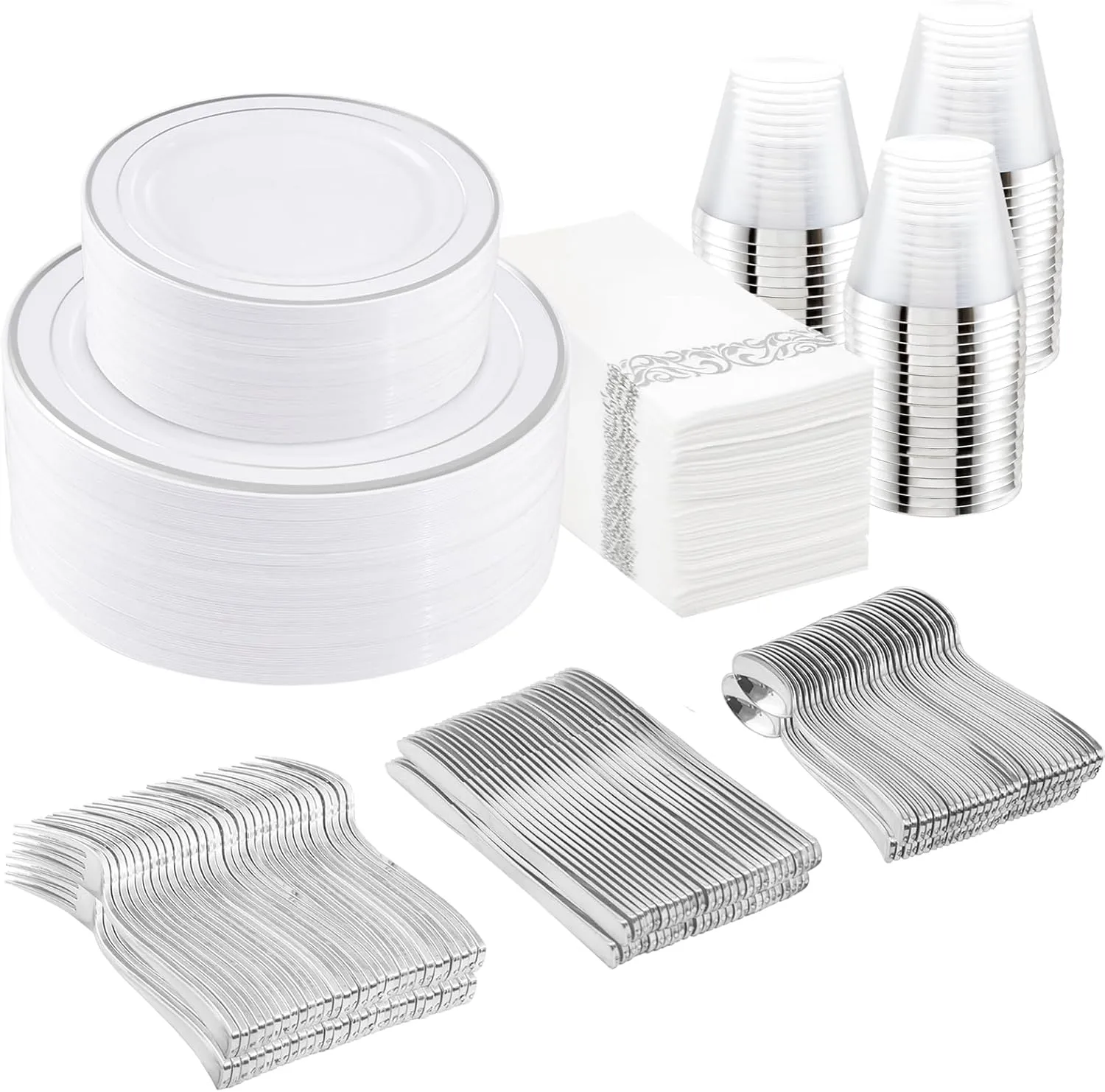 I00000 350Pcs Silver Plastic Dinnerware Set, Plastic Plates Disposable for 50 Guests Include: 100 Silver Rim Plates, 50 Paper Napkins, 50 Cups, 50 Plastic Silverware Set Perfect for Party & Wedding