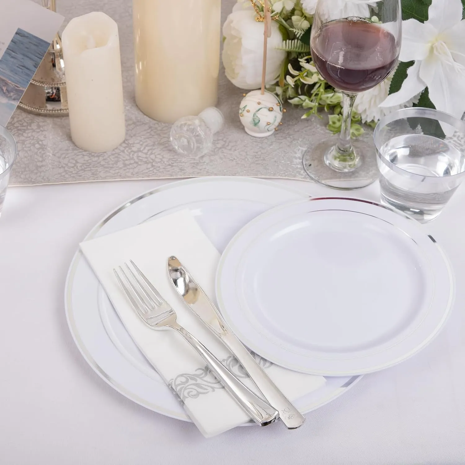 I00000 350Pcs Silver Plastic Dinnerware Set, Plastic Plates Disposable for 50 Guests Include: 100 Silver Rim Plates, 50 Paper Napkins, 50 Cups, 50 Plastic Silverware Set Perfect for Party & Wedding
