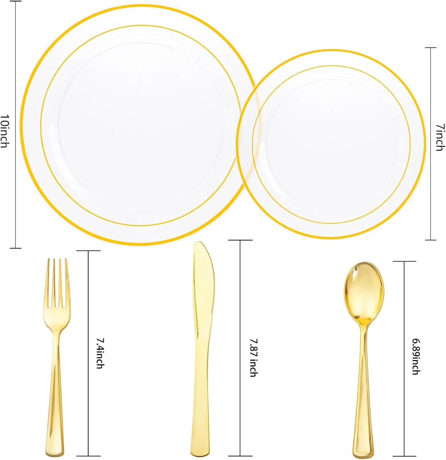 I00000 600Pcs Clear Gold Plastic Plates for 100 Guests, Plastic Dinnerware Set of 100 Gold Disposable Plates, 100 Dessert Plates, 200 Forks, 100 Knives and 100 Spoons Perfect for Party & Wedding