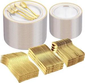 I00000 600Pcs Clear Gold Plastic Plates for 100 Guests, Plastic Dinnerware Set of 100 Gold Disposable Plates, 100 Dessert Plates, 200 Forks, 100 Knives and 100 Spoons Perfect for Party & Wedding