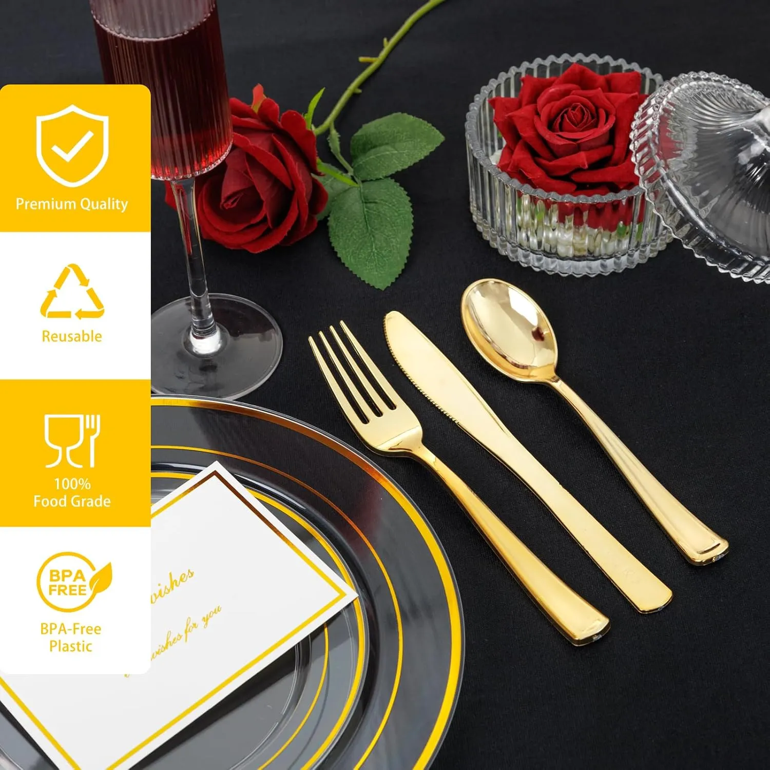 I00000 600Pcs Clear Gold Plastic Plates for 100 Guests, Plastic Dinnerware Set of 100 Gold Disposable Plates, 100 Dessert Plates, 200 Forks, 100 Knives and 100 Spoons Perfect for Party & Wedding