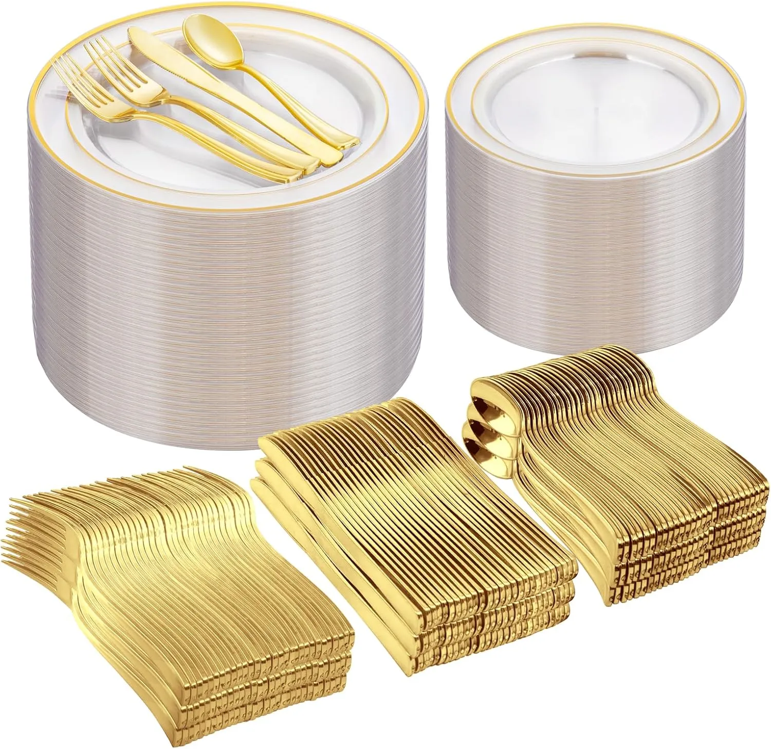 I00000 600Pcs Clear Gold Plastic Plates for 100 Guests, Plastic Dinnerware Set of 100 Gold Disposable Plates, 100 Dessert Plates, 200 Forks, 100 Knives and 100 Spoons Perfect for Party & Wedding